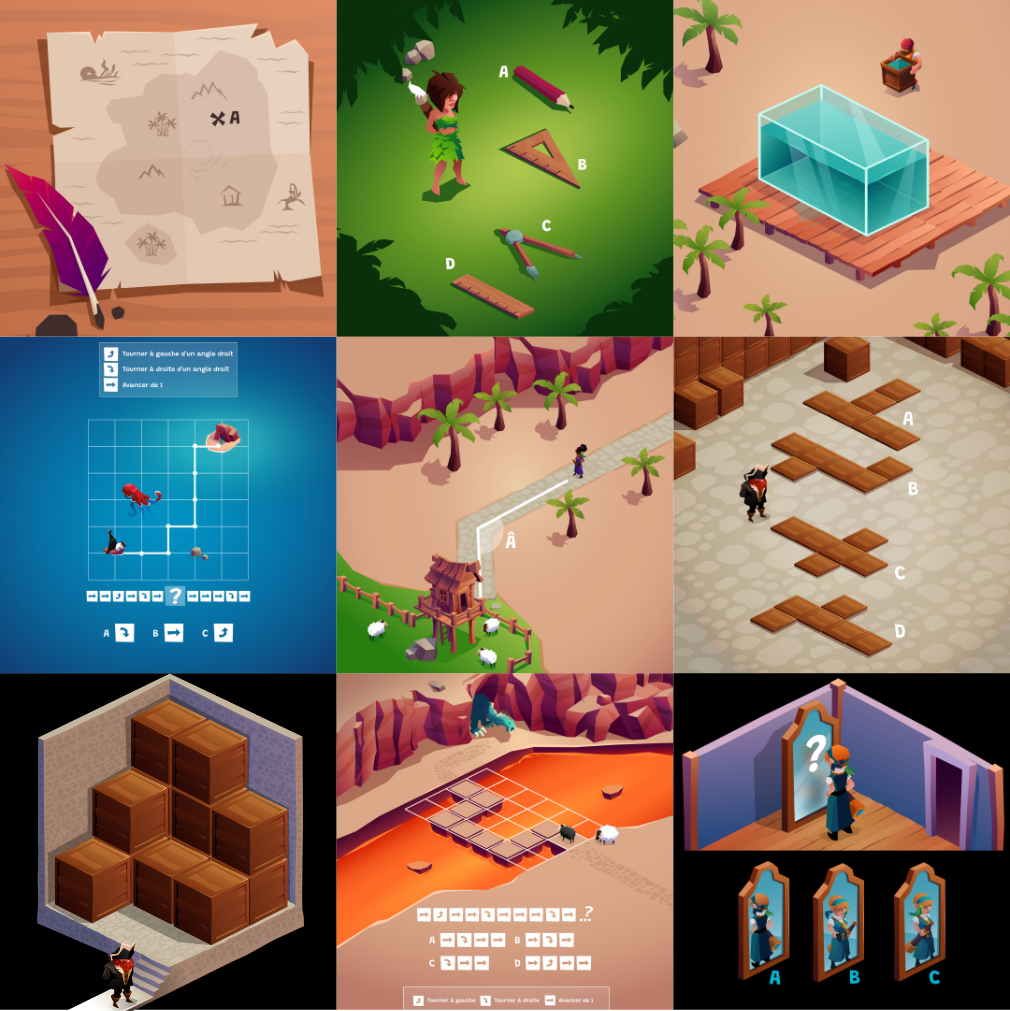 6 exemples d'exercices du jeu éducatif Archipel : programmation, géométrie dans l'espace, symétrie...