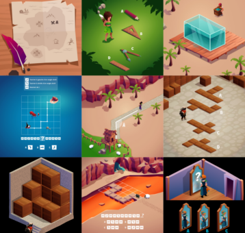 6 exemples d'exercices du jeu éducatif Archipel : programmation, géométrie dans l'espace, symétrie...